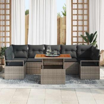 8-teiliges Garten-Sofa-Set mit Kissen Grau Poly-Rattan Akazie, 2-Sitzer Garten-Sofa mit Kissen Grau Poly-Rattan