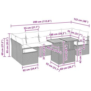 8-teiliges Garten Sofa Set mit Kissen Beige Poly Rattan Akazie, 2-Sitzer Garten Sofa mit Kissen Beige Poly Rattan