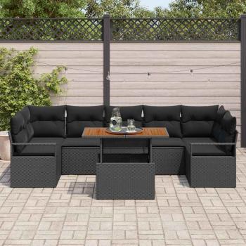 8-teiliges Garten Sofa Set mit Kissen Schwarz Poly Rattan Akazie, 2-Sitzer Garten Sofa mit Kissen Schwarz Poly Rattan