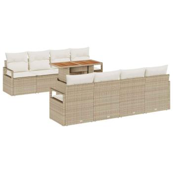 9-teiliges Garten-Sofa-Set mit Kissen Beige Poly Rattan Akazie, 2-Sitzer Garten-Sofa mit Kissen Beige Poly Rattan
