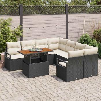 9 teiliges Garten Sofa-Set mit Kissen Schwarz Poly Rattan Akazie, 2-Sitzer Garten Sofa mit Kissen Schwarz Poly Rattan