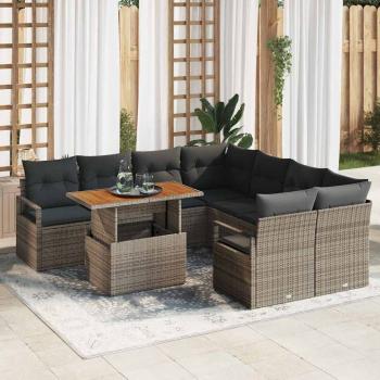ARDEBO.de - 9-teiliges Garten-Sofa-Set mit Kissen Grau Poly Rattan Akazie, 2-Sitzer Garten-Sofa mit Kissen Grau Poly Rattan