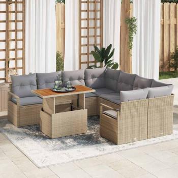 ARDEBO.de - 9-teiliges Garten Sofa Set mit Kissen Beiges Poly Rattan Akazie, 2-Sitzer Garten Sofa mit Kissen Beiges Poly Rattan
