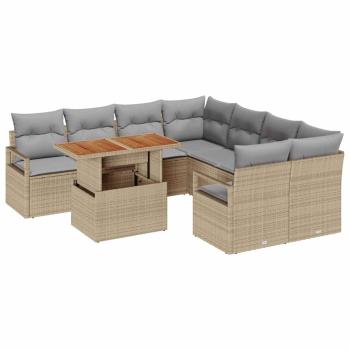 9-teiliges Garten Sofa Set mit Kissen Beiges Poly Rattan Akazie, 2-Sitzer Garten Sofa mit Kissen Beiges Poly Rattan