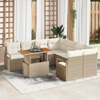 ARDEBO.de - 9-teiliges Garten-Sofa-Set mit Kissen Beige Poly Rattan Akazie, 2-Sitzer Garten-Sofa mit Kissen Beige Poly Rattan