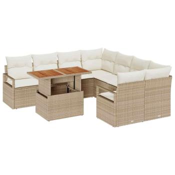 9-teiliges Garten-Sofa-Set mit Kissen Beige Poly Rattan Akazie, 2-Sitzer Garten-Sofa mit Kissen Beige Poly Rattan