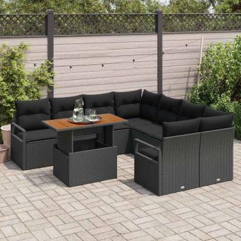 9-teiliges Garten Sofa Set mit Kissen Schwarz Poly Rattan Akazie, 2-Sitzer Garten Sofa mit Kissen Schwarz Poly Rattan