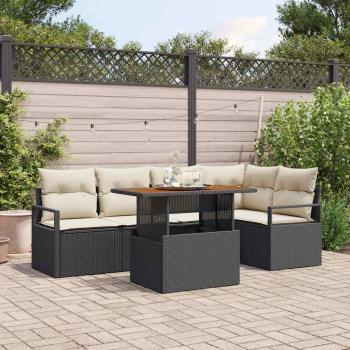 ARDEBO.de - 6-teiliges Garten Sofaset mit Kissen Schwarz Poly Rattan Akazie, 2-Sitzer Garten Sofa mit Kissen Schwarz Poly Rattan
