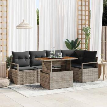 ARDEBO.de - 6-teiliges Garten Sofa Set mit Kissen Grau Poly Rattan Akazie, 2-Sitzer Garten Sofa mit Kissen Grau Poly Rattan