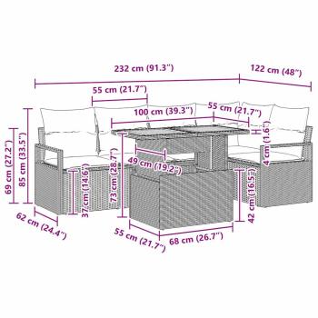 6-teiliges Garten Sofa Set mit Kissen Grau Poly Rattan Akazie, 2-Sitzer Garten Sofa mit Kissen Grau Poly Rattan