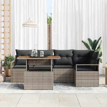 6-teiliges Garten Sofa Set mit Kissen Grau Poly Rattan Akazie, 2-Sitzer Garten Sofa mit Kissen Grau Poly Rattan
