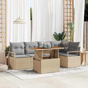 ARDEBO.de - 6-teiliges Garten Sofa Set mit Kissen Beige Poly Rattan Akazie, 2-Sitzer Garten Sofa mit Kissen Beige Poly Rattan