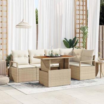 ARDEBO.de - 6-teiliges Garten Sofa Set mit Kissen Beige Poly Rattan Akazie, 2-Sitzer Garten Sofa mit Kissen Beige Poly Rattan