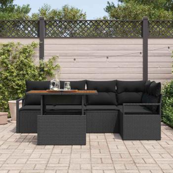6-teiliges Garten-Sofa-Set mit Kissen Schwarz Poly Rattan Akazie, 2-Sitzer Garten-Sofa mit Kissen Schwarz Poly Rattan