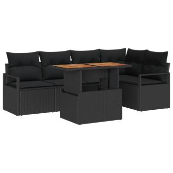 6-teiliges Garten-Sofa-Set mit Kissen Schwarz Poly Rattan Akazie, 2-Sitzer Garten-Sofa mit Kissen Schwarz Poly Rattan