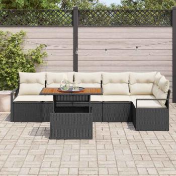 7-teiliges Garten-Sofa-Set mit Kissen Schwarz Poly-Rattan Akazie, 2-Sitzer Garten-Sofa mit Kissen Schwarz Poly-Rattan