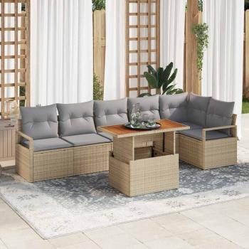 ARDEBO.de - 7-teiliges Garten Sofa Set mit Kissen Beige Poly Rattan Akazie, 2-Sitzer Garten Sofa mit Kissen Beige Poly Rattan