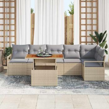 7-teiliges Garten Sofa Set mit Kissen Beige Poly Rattan Akazie, 2-Sitzer Garten Sofa mit Kissen Beige Poly Rattan