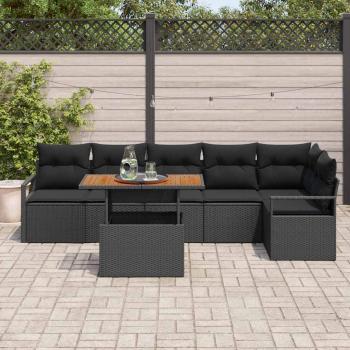 7-teiliges Garten-Sofaset mit Kissen Schwarz Poly-Rattan Akazie, 2-Sitzer Garten-Sofa mit Kissen Schwarz Poly-Rattan
