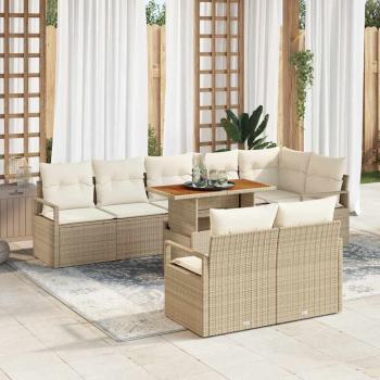 ARDEBO.de - 9-teiliges Garten Sofa Set mit Kissen Beige Poly Rattan Akazie, 2-Sitzer Garten Sofa mit Kissen Beige Poly Rattan