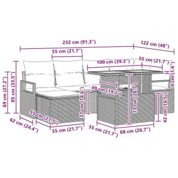 7-teiliges Garten Sofa Set mit Kissen Schwarz Poly Rattan Akazie, 2-Sitzer Garten Sofa mit Kissen Schwarz Poly Rattan