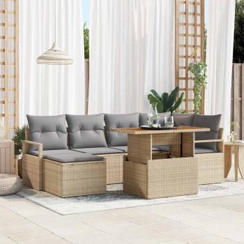 ARDEBO.de - 7-teiliges Garten-Sofa-Set mit Kissen Beige Poly Rattan Akazie, 2-Sitzer Garten-Sofa mit Kissen Beige Poly Rattan