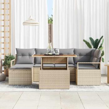 7-teiliges Garten-Sofa-Set mit Kissen Beige Poly Rattan Akazie, 2-Sitzer Garten-Sofa mit Kissen Beige Poly Rattan