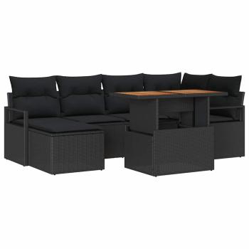 7-teiliges Garten Sofa Set mit Kissen Schwarz Poly Rattan Akazie, 2-Sitzer Garten Sofa mit Kissen Schwarz Poly Rattan