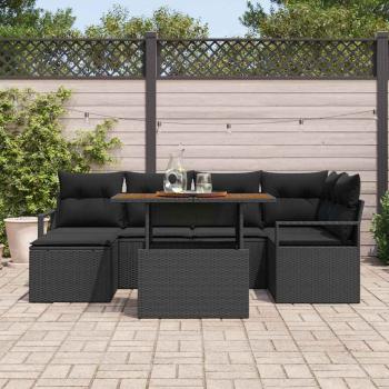 7-teiliges Garten Sofa Set mit Kissen Schwarz Poly Rattan Akazie, 2-Sitzer Garten Sofa mit Kissen Schwarz Poly Rattan