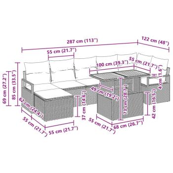 8-teiliges Garten Sofa Set mit Kissen Grau Poly Rattan Akazie, 2-Sitzer Garten Sofa mit Kissen Grau Poly Rattan