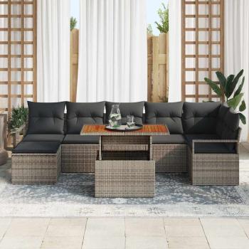 8-teiliges Garten Sofa Set mit Kissen Grau Poly Rattan Akazie, 2-Sitzer Garten Sofa mit Kissen Grau Poly Rattan