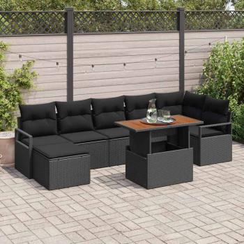 ARDEBO.de - 8-teiliges Garten Sofa Set mit Kissen Schwarz Poly Rattan Akazie, 2-Sitzer Garten Sofa mit Kissen Schwarz Poly Rattan