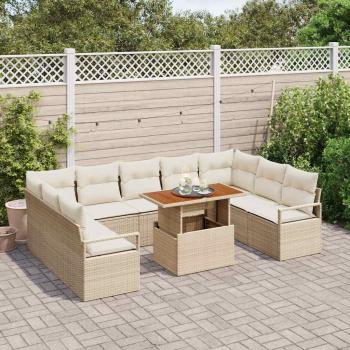 10-teiliges Garten-Sofa-Set mit Kissen Beige Poly-Rattan Akazie, 2-Sitzer Garten-Sofa mit Kissen Beige Poly-Rattan