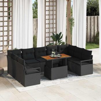 ARDEBO.de - 10-teiliges Garten Sofa Set mit Kissen Schwarz Poly Rattan Akazie, 2-Sitzer Garten Sofa mit Kissen Schwarz Poly Rattan