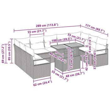 10-teiliges Garten Sofa Set mit Kissen Schwarz Poly Rattan Akazie, 2-Sitzer Garten Sofa mit Kissen Schwarz Poly Rattan