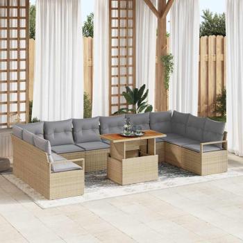 ARDEBO.de - 11-teiliges Garten-Sofaset mit Kissen Beige Poly Rattan Akazie, 2-Sitzer Garten-Sofa mit Kissen Beige Poly Rattan