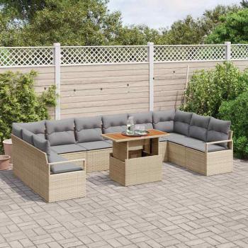 11-teiliges Garten-Sofaset mit Kissen Beige Poly Rattan Akazie, 2-Sitzer Garten-Sofa mit Kissen Beige Poly Rattan