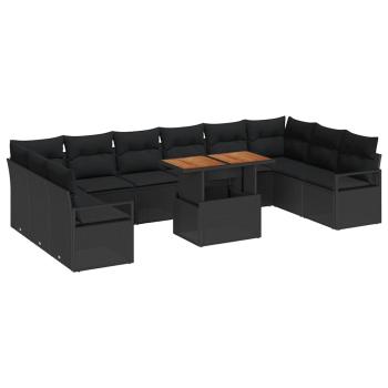 11-teiliges Garten Sofaset mit Kissen Schwarz Poly Rattan Akazie, 2-Sitzer Garten Sofa mit Kissen Schwarz Poly Rattan