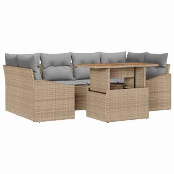 7-teilige Garten-Essgruppe mit Kissen Beige Poly-Rattan Akazie
