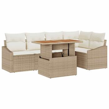 6-teiliges Garten Essset mit Kissen Beige Poly Rattan Akazie