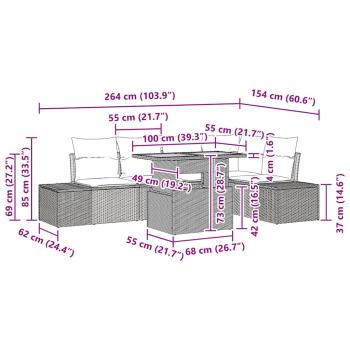 6-Teiliges Garten Essgruppen Set mit Kissen Schwarz Poly Rattan Akazie