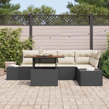 6-Teiliges Garten Essgruppen Set mit Kissen Schwarz Poly Rattan Akazie