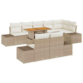 9-teiliges Garten Essset mit Kissen Beige Poly Rattan Akazienholz