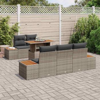 6-teiliges Garten-Esszimmer-Set mit Kissen Grau Poly-Rattan Akazie