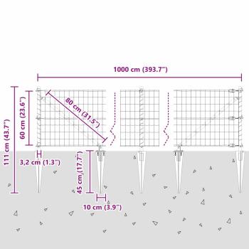 Euro-Zaun mit 7 Spitzenpfosten 0.6x10 m aus feuerverzinktem Stahl Grau