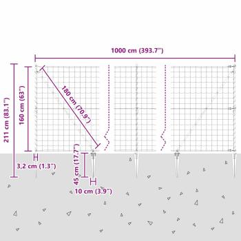 Eurozaun mit 7 Spike-Pfosten 1,6x10 m verzinkter Stahl Grau