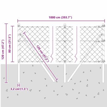 Kettenzaun mit 7 Pfosten 0,8 x 10 m Verzinkter Stahl Grau