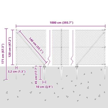 Kettenzaun mit 7 Spitzpfosten 1,2x10 m Verzinkter Stahl