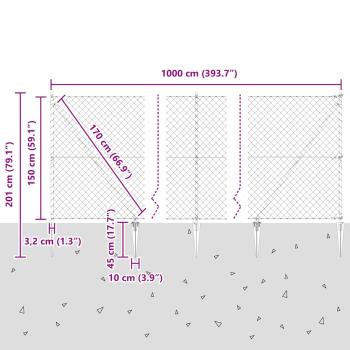 Kettengliedzaun mit 7 Stahlpfosten 1,5x10 m Verzinkter Stahl