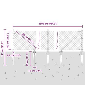 Stahldrahtzaun mit 13 Spike-Posten 0.6x25 m Verzinkter Stahl